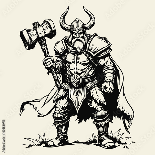 Viking Warrior Ready for Battle Black and White Illustration of a Mythical Norseman with a Hammer