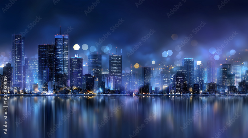 Fototapeta premium A vibrant nighttime city skyline with glowing lights