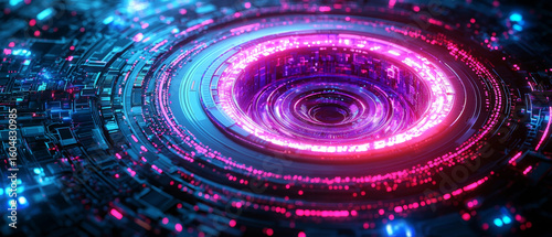 Neon-lit futuristic circuit board, swirling energy core