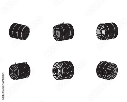 Black and White Hay Bale Silhouettes Collection on a Clean White Background for Graphic Design