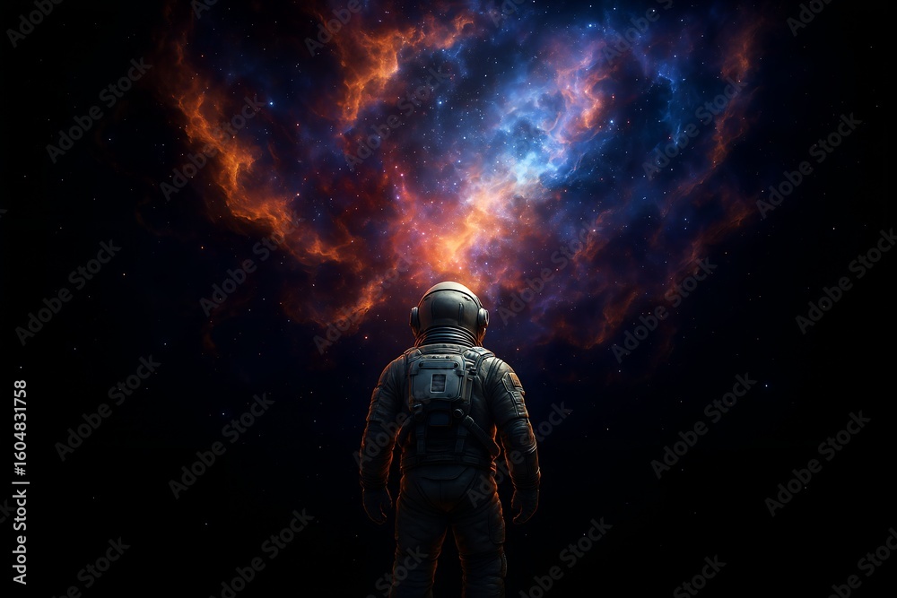 Fototapeta premium Astronaut gazing up at a vibrant colorful cosmic nebula in the vast expanse of space