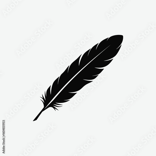 Simple stylized black feather in profile. Graphic minimalist line art design, diagonal layout, detailed barbs, solid black on white background. Perfect for tattoo, logo, decor.