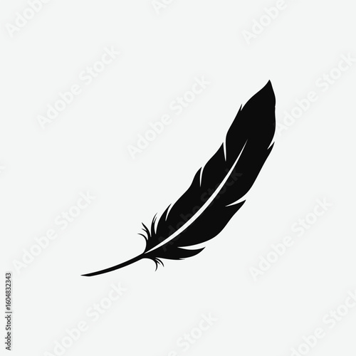Simple stylized black feather in profile. Graphic minimalist line art design, diagonal layout, detailed barbs, solid black on white background. Perfect for tattoo, logo, decor.