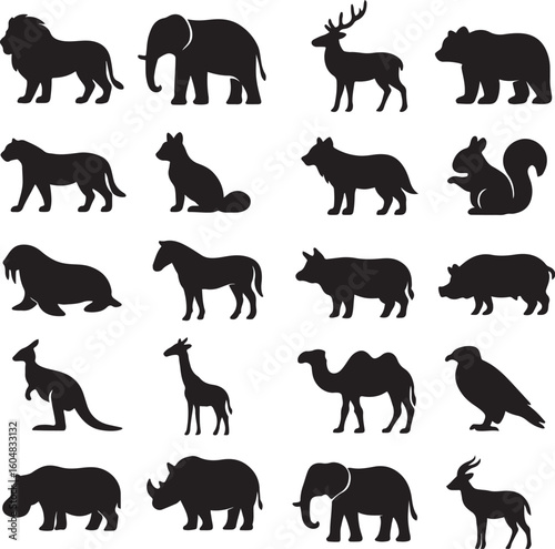 Vector art of black and white animal icons featuring lions bears elephants and more