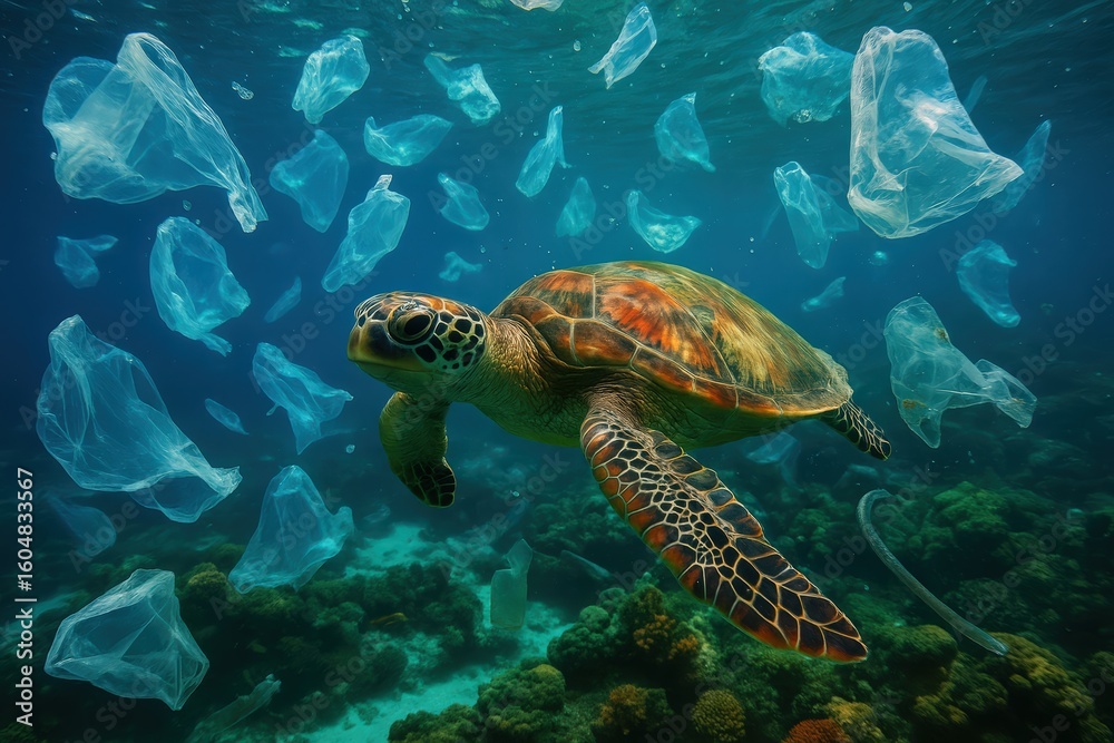 Fototapeta premium Sea Turtle Swimming Through Ocean Plastic Pollution