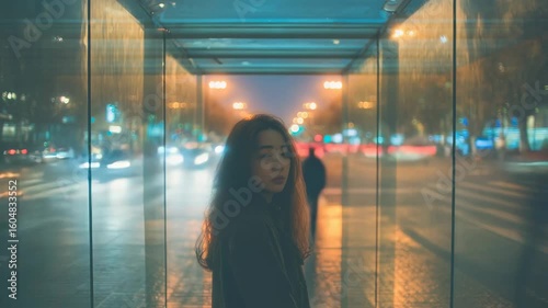 Timelapse of girl standing under glass canopy with moving traffic and people on night city road in background.