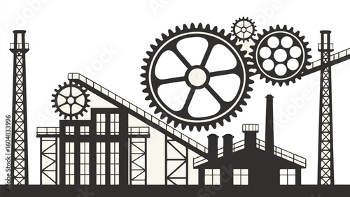 Vintage industrial factory skyline in silhouette.