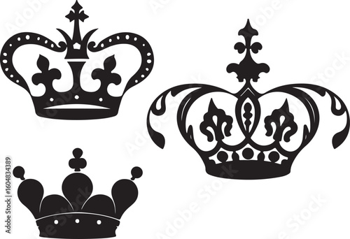  Set of Three Black Crown Silhouettes – Vector Icons on White Background

