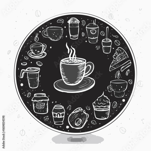 Hand drawn coffee chalk vector illustrations. Minimalist line art. Vector illustration of coffee icons crayon drawing style. Illustration for invitations, menus design, social media.