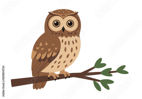 Brown Owl Perched on Branch Detailed Feathers Large Eyes.