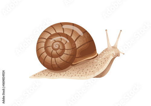 Brown Garden Snail with Spiraled Shell and Spotted Foot.