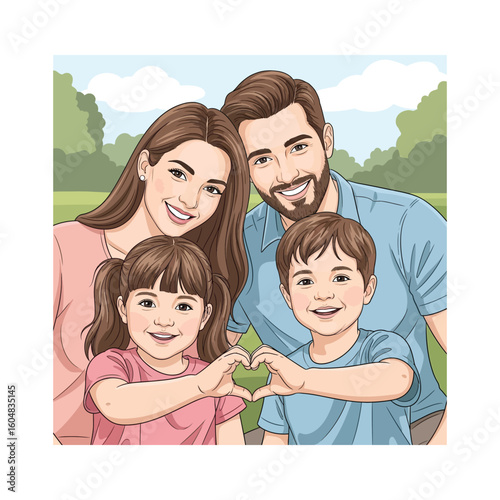 Cartoon portrait of a happy family posing outdoors.