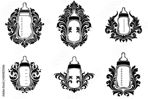 Set of elegant black and white floral ornaments featuring stylized baby bottles for engraving, stencil, or decorative printing