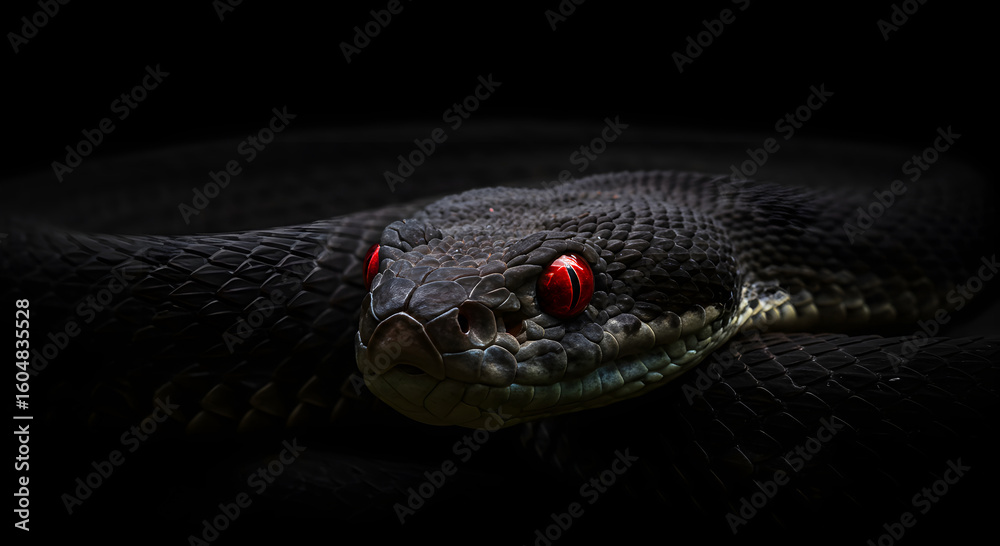 Fototapeta premium Black Snake with Red Eyes: Dramatic Close-Up, Dark Moody Wildlife Photography