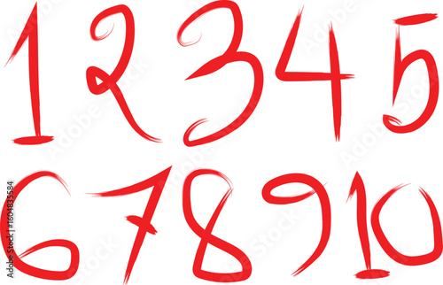 Handwritten red numbers one through ten displayed in a stylized silhouette