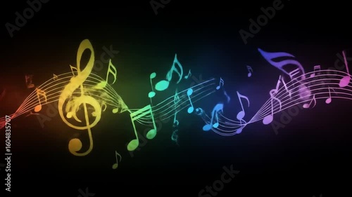 Colorful Musical Notes Wave Flowing Across Black Background With Treble Clef