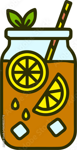 Mason Jar Iced Tea with Lemon, Mint, and Straw