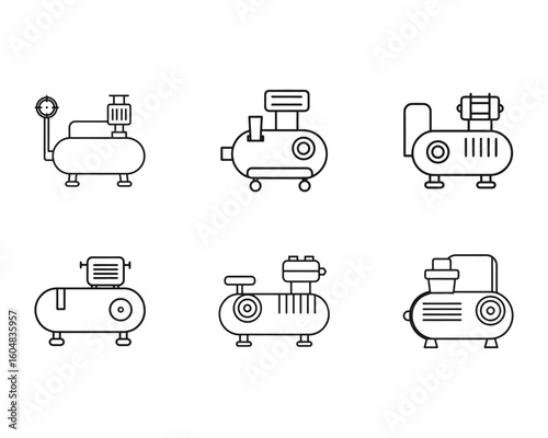 Collection of air compressor icon set minimalist vector design representing pneumatic machinery and industrial tools for diverse applications and equipment