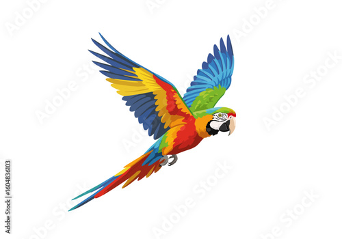 Colorful Macaw Parrot in Flight with Vibrant Feather Display.