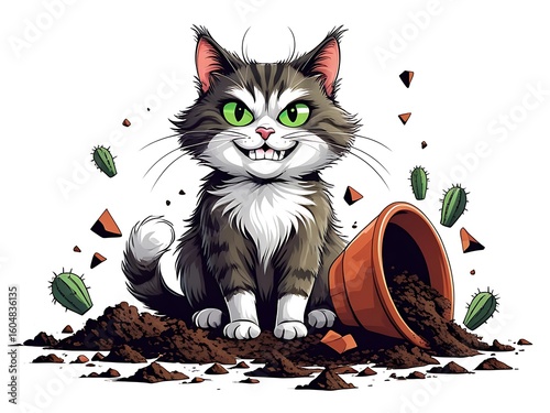 Mischievous Cat  Broken Cactus Pot.
