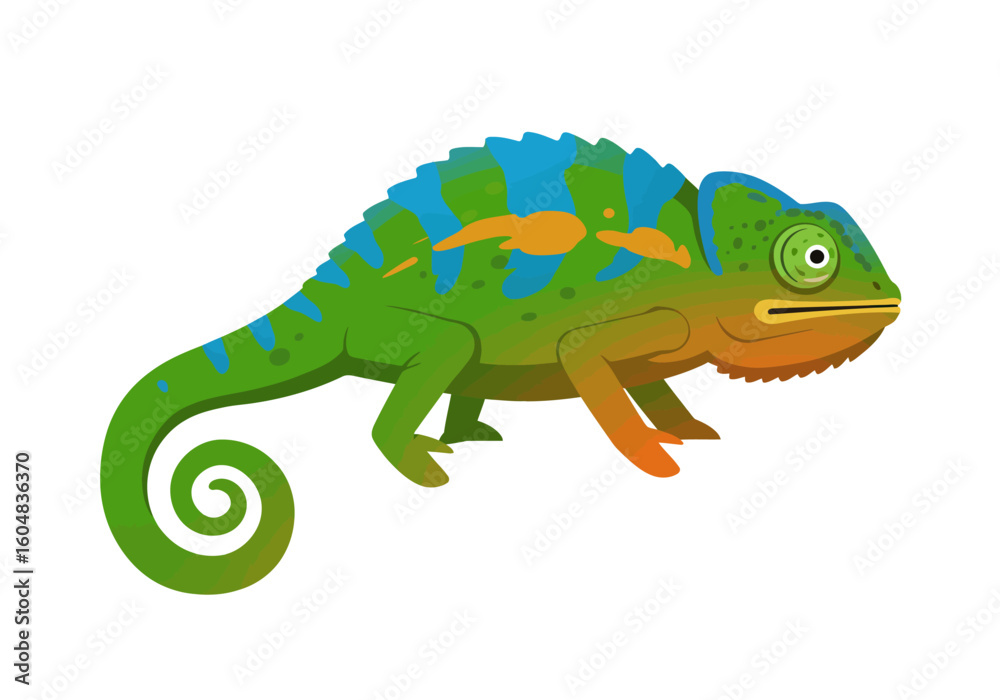 Fototapeta premium Colorful Cartoon Chameleon with Green Blue and Orange Skin Curled Tail.
