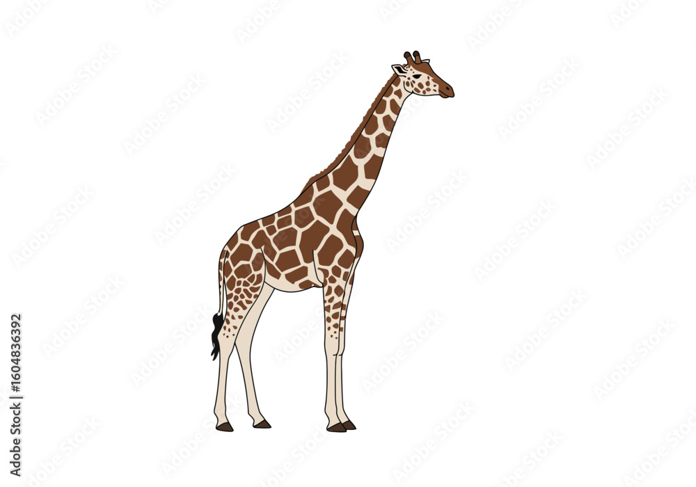 Naklejka premium Standing Giraffe Illustration with Brown and White Spots Long Neck and Tail.