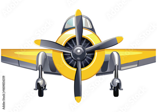 A retro vintage yellow biplane with a propeller engine is flying and isolated on white, representing old transportation and aviation flight