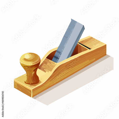 Detailed Illustration of a Wooden Hand Plane with Metal Blade
