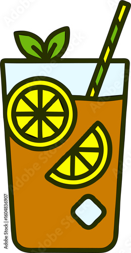 Tall Glass of Iced Tea with Lemon, Mint, and Green Straw