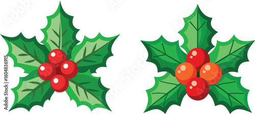 Two decorative Christmas holly berry clusters with red and orange berries