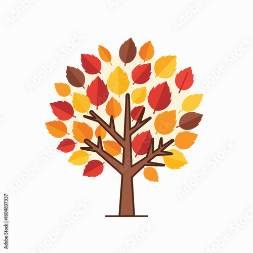 Stylized Autumn Tree with Colorful Fall Leaves Vector Graphic