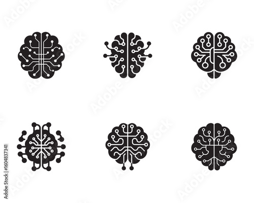 Collection of Black and White Brain Icons Representing Artificial Intelligence and Cognitive Functionality for Business and Innovation