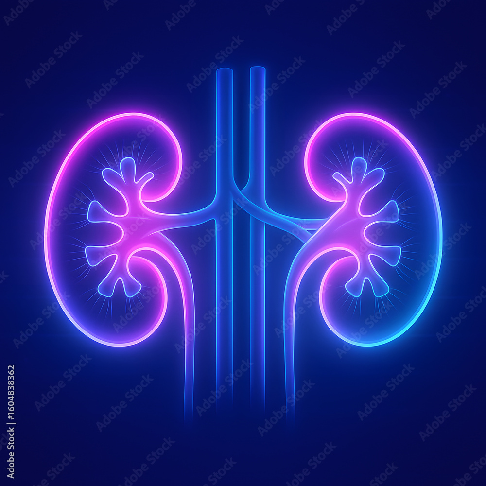 Fototapeta premium Glowing neon human kidney anatomy illustration, urinary system medical diagram, renal health and urology concept, futuristic holographic style organ visualization, healthcare technology design, kidney