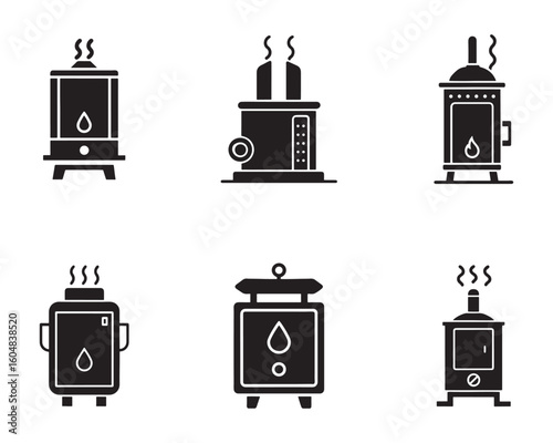 Collection of black and white kerosene heater icons representing heating solutions and vintage home appliances in a graphic design style