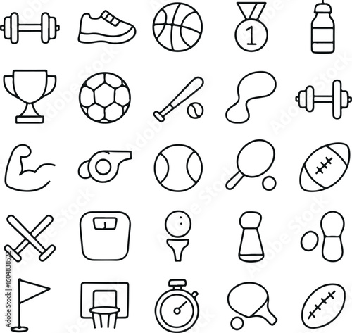 Sports equipment and fitness icons for athletic training and exercise