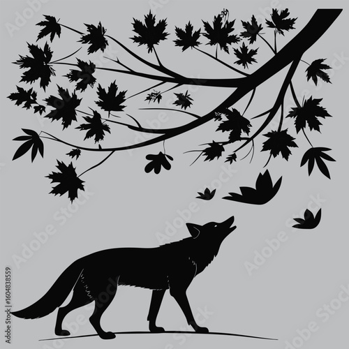Fox sniffing in autumn leaves silhouette vector design art and illustration