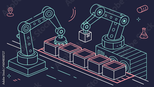 Isometric view of a robotic assembly line with two robotic arms and several boxes on a conveyor belt