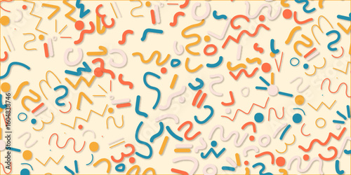 Fun colorful line doodle seamless pattern. Creative minimalist style art background for children or trendy design with basic shapes. Simple childish scribble backdrop.
