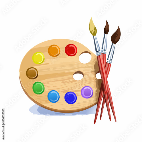 Paint palette and brushes. Painting color pallette, creative drawing tool. Artistic supplies, oil colour pallet on wooden board, artist accessory.