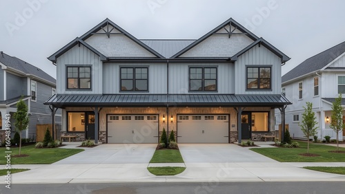 Modern Farmhouse Duplex Exterior; Evening Light, Gray Siding, Neutral Tones, Curb Appeal, New Construction, Luxury Real Estate.