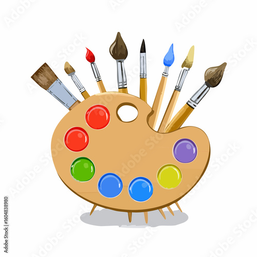 Paint palette and brushes. Painting color pallette, creative drawing tool. Artistic supplies, oil colour pallet on wooden board, artist accessory.