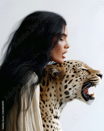 mysterious woman with wild cat,A brave woman is looking at a leopard, woman and lion face to face in a mystical portrait, generative ai