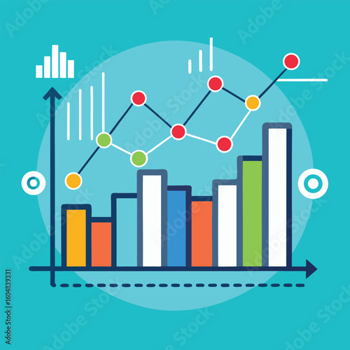 Colorful statistical data visualization displaying business charts, including bar graphs, line graphs, and pie charts with growth and success.