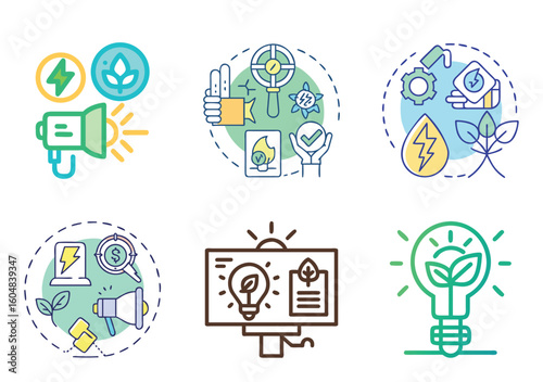 A visual representation of green energy, sustainability and environmental awareness symbols