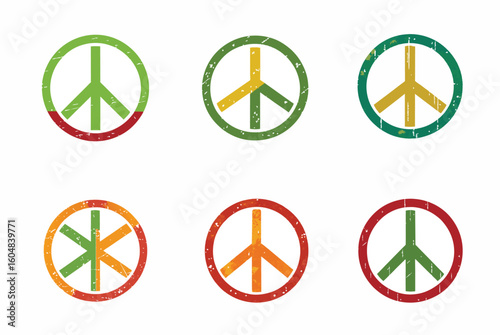 Collection of distressed peace symbols in various color combinations and orientations
