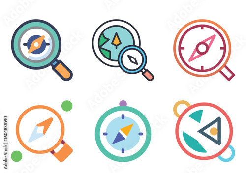 A collection of colorful line icons representing navigation, compasses, and exploration tools for direction finding.