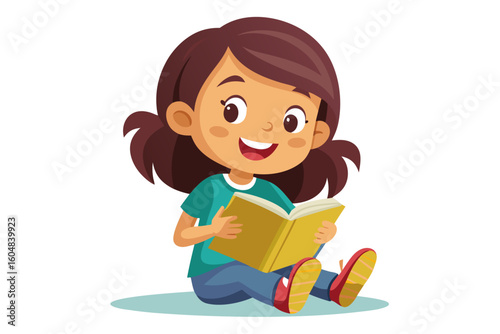 Adorable vector illustration of a cute cartoon girl with long brown hair, smiling while reading a teal book.