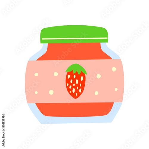 Cute flat hand drawn strawberry jam in glass bottle with label isolated on white background.