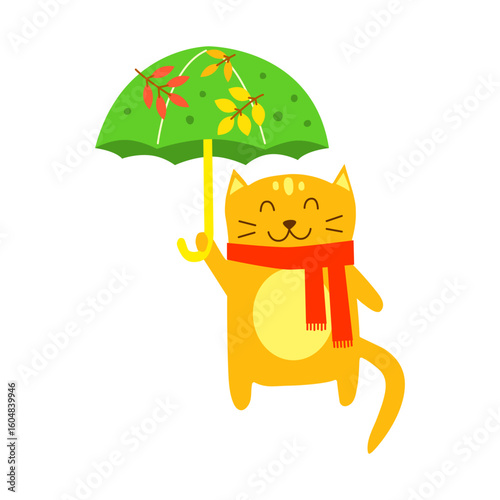 Cute flat hand drawn orange cat in scarf standing with umbrella isolated on white background.