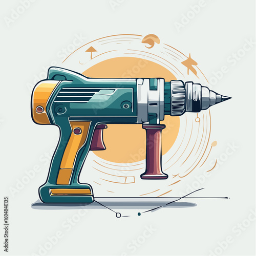 Teal Yellow Electric Drill Power Tool Illustration